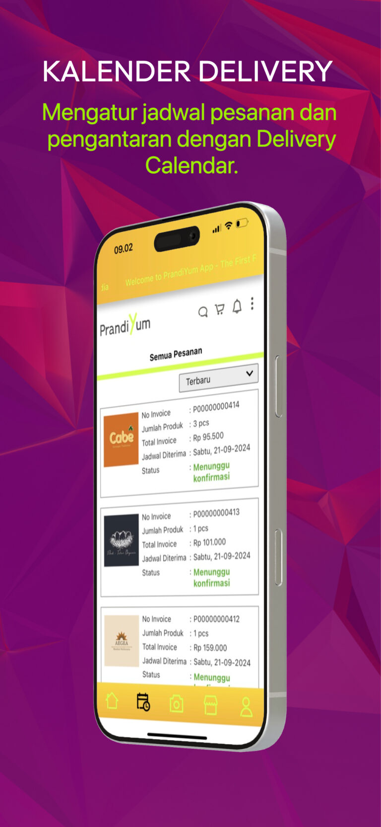 PrandiYum app delivery calendar for scheduling orders and delivery dates