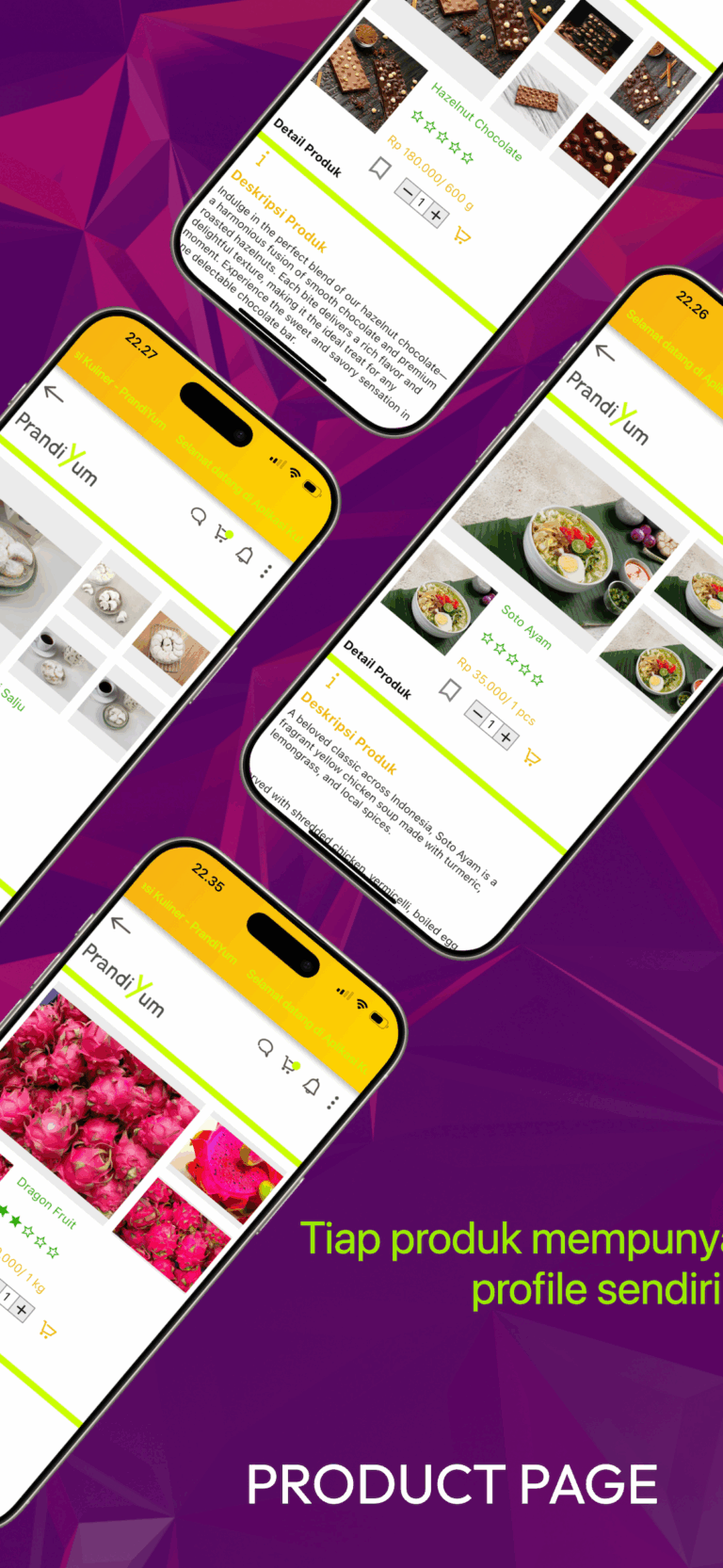 PrandiYum app preview showing culinary product listing and features