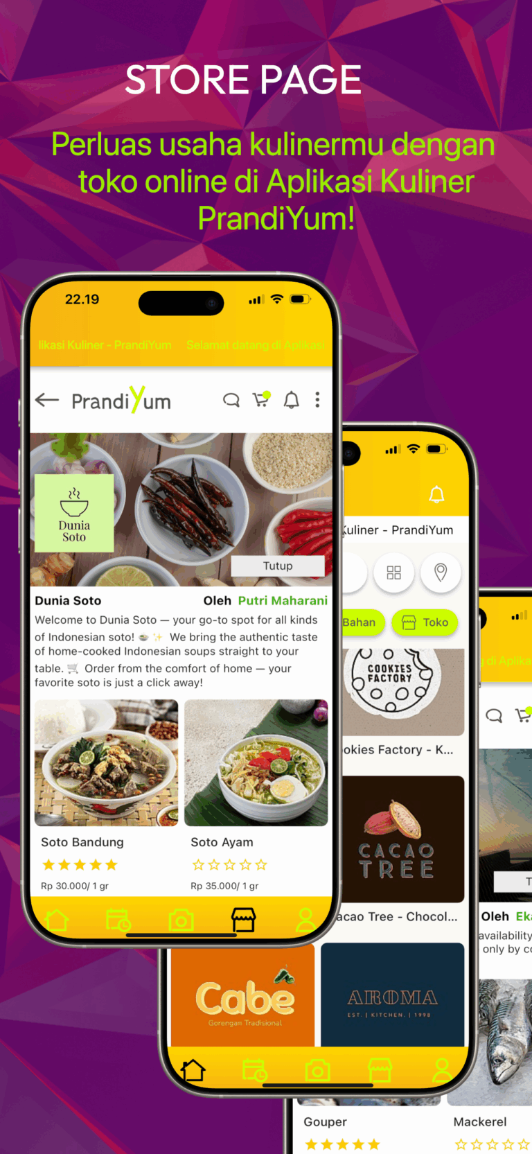 PrandiYum app store page showing product listings and store interface