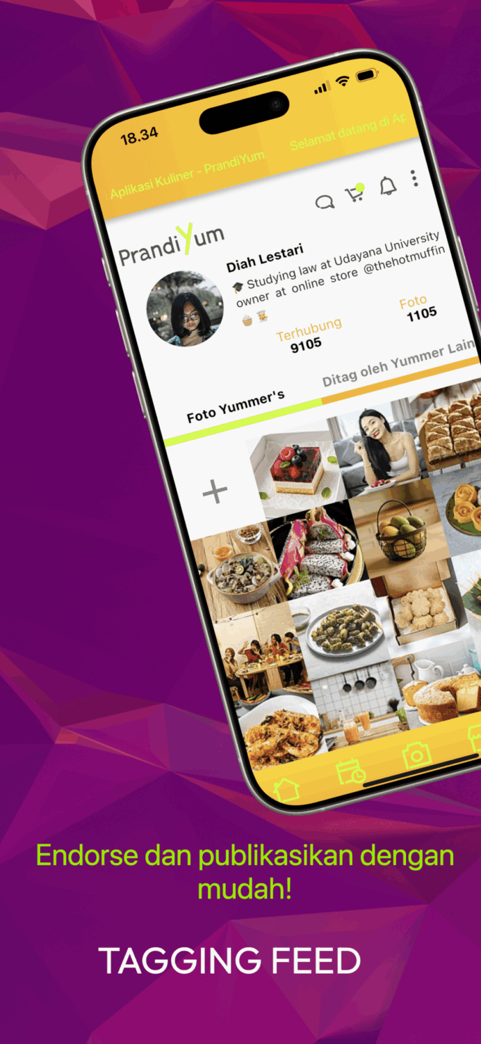 PrandiYum app preview displaying social feed with tagged culinary posts